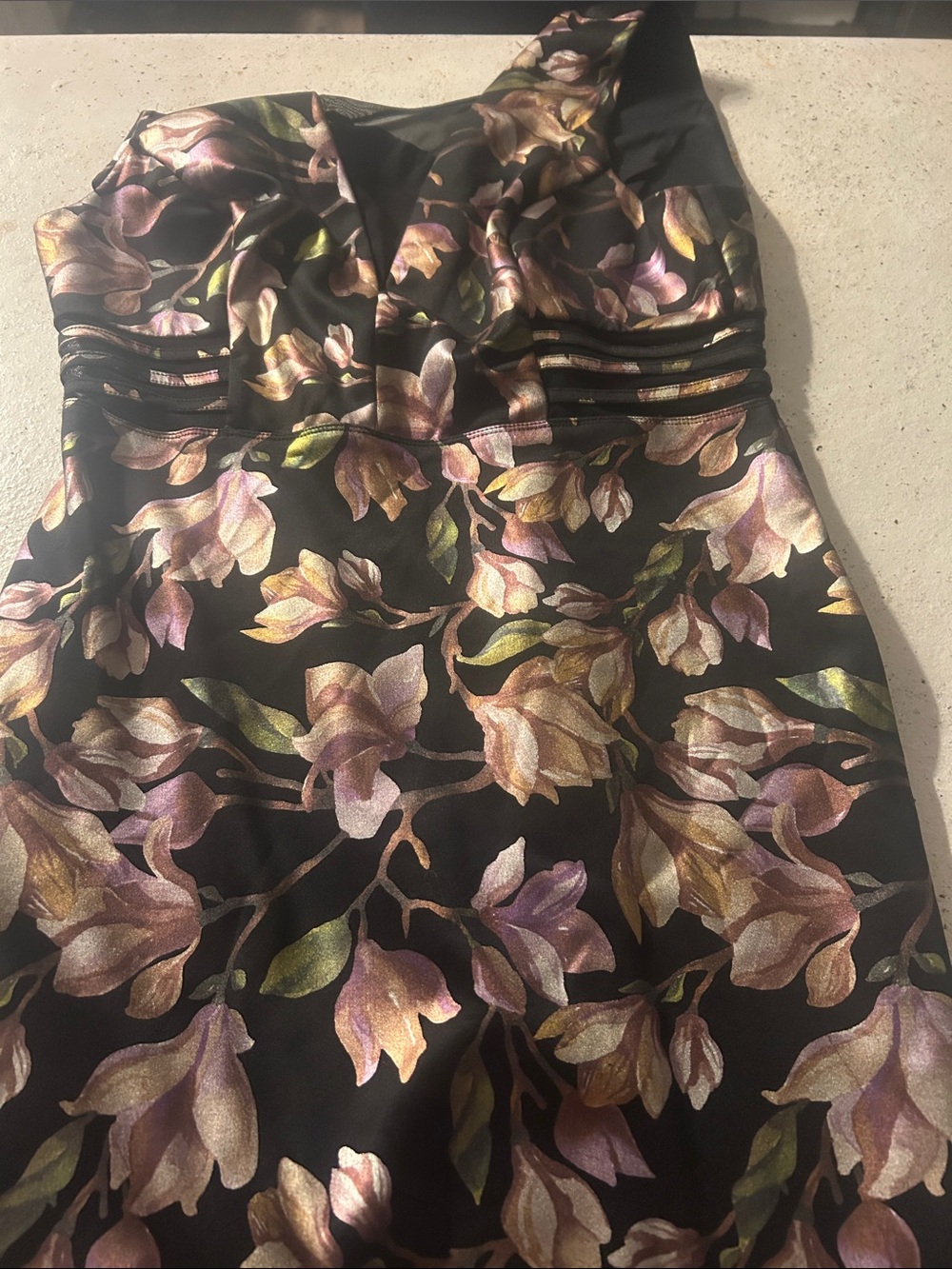 Enfocus Studio Black One-Shoulder Floral Satin Dress